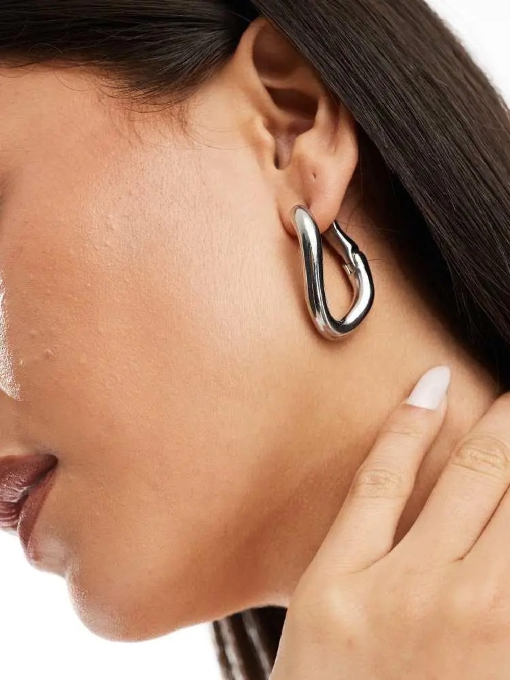 Silver Stainless Steel Molten Oblong Sculptural Hoop Earrings - Picture 1 of 5
